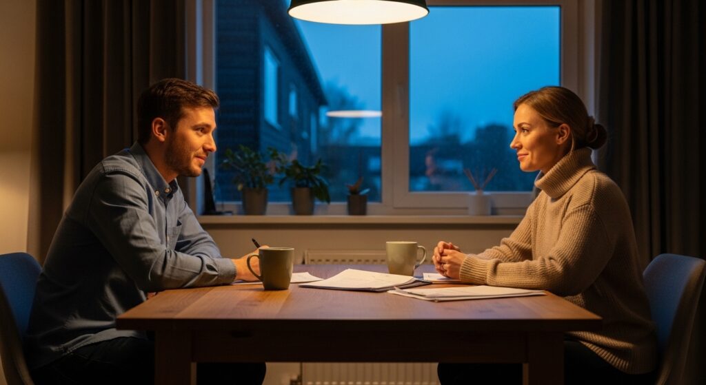 雨上がりの夕方、濡れた地面が見える窓を背に、テーブルを挟んで穏やかに向き合う男女。書類とマグカップが置かれ、対話による関係の再構築を感じさせる室内シーン。