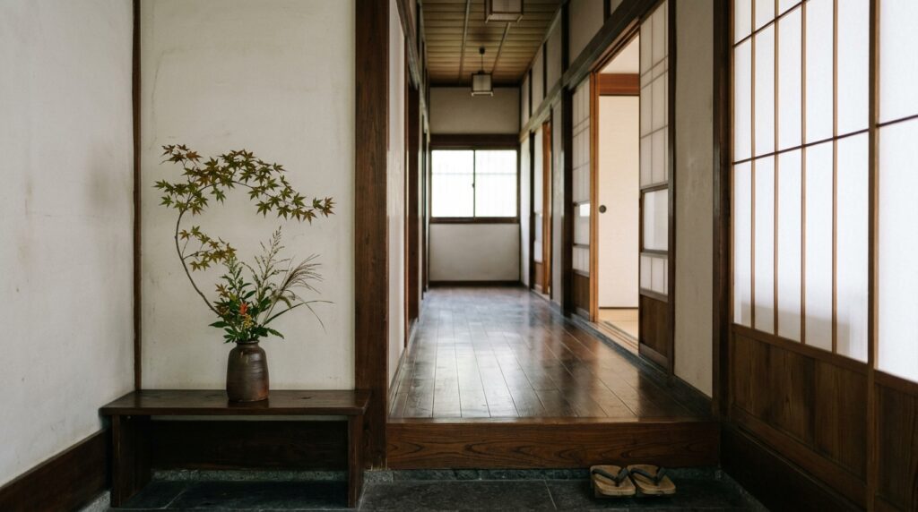 玄関の上がり框の脇に控えめな生け花が飾られた、日本の住宅の静かな廊下の風景