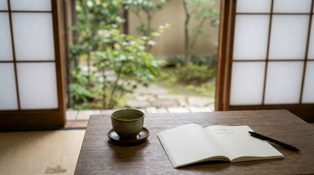 和室の窓辺の机に開かれたノートと湯のみが置かれ、庭の緑がやわらかく見える静かな空間
