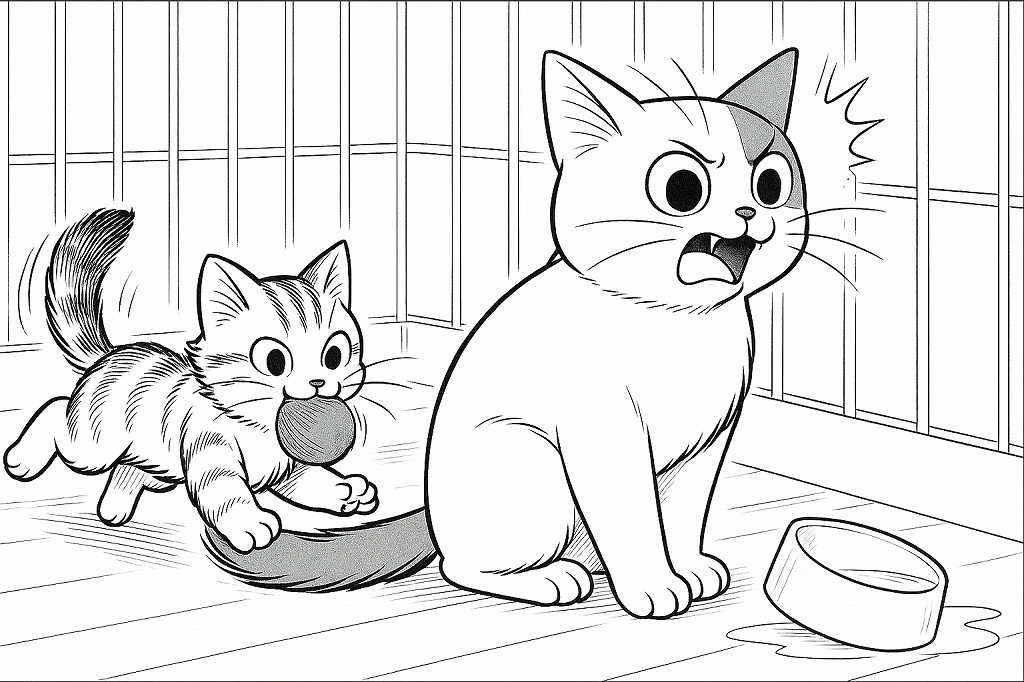 ケージの中で驚いた表情の先住猫と、その背後でボールをくわえながら尻尾にじゃれつく子猫を描いたモノクロ線画