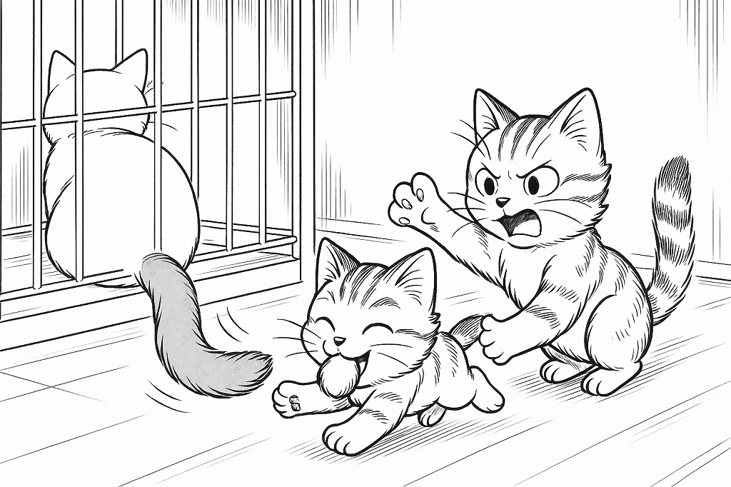 ケージ越しに背を向ける先住猫の尻尾に、ボールをくわえた子猫がじゃれつき、別の猫が猫パンチを繰り出しているように見えるラフ線画