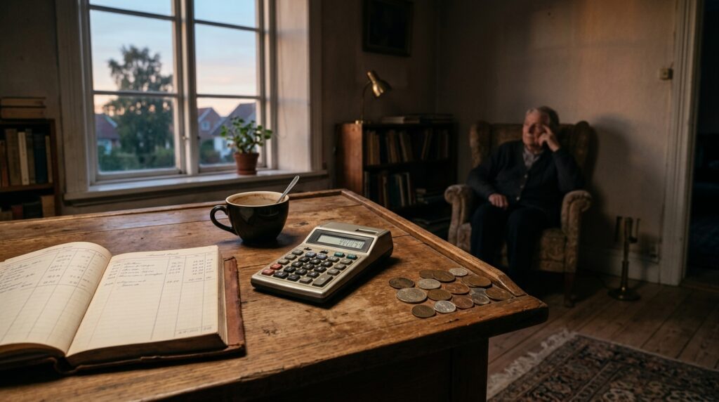 夕暮れの室内で帳簿と計算機、少しずつ集まった硬貨を前に考え込む人物の様子