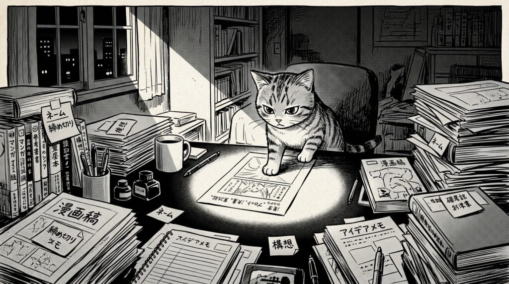 書類や本が積まれた机の中央の光の中で、重要な紙に前足を置く猫のモノクロイラスト