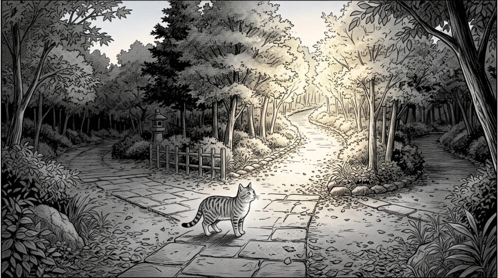 森の分かれ道で立ち止まり、光の差す道を見つめる猫のモノクロイラスト