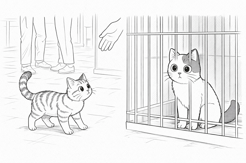 白黒の漫画風イラスト。来客の足元が見えるリビングで、子猫が前に出て様子をうかがう一方、白猫はケージの中で警戒した表情を見せている。
