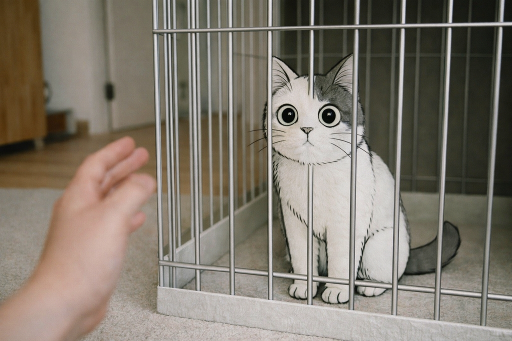 カラーの実写風画像。ケージの中で座る白猫に、人が外から手を差し出している様子。猫は大きな目で正面を見つめている。