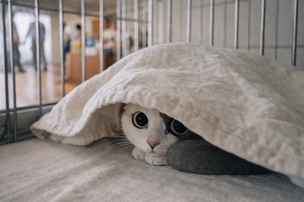 カラーの実写風画像。ケージ内でブランケットの下に隠れ、片目だけ外をうかがう白猫。背景にはリビングの気配がぼんやり見える。