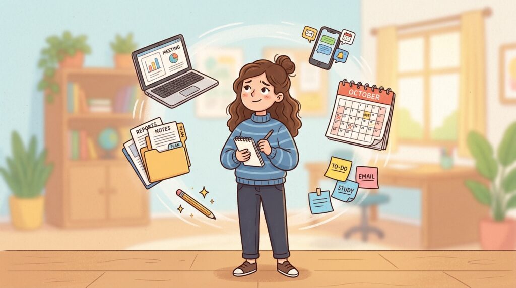 仕事や予定、メモなどに囲まれながら、やるべきことを整理しようとしている人物のイラスト。