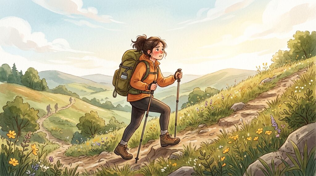 大きなリュックを背負った人物が、山の坂道を登っていく様子を描いたイラスト。