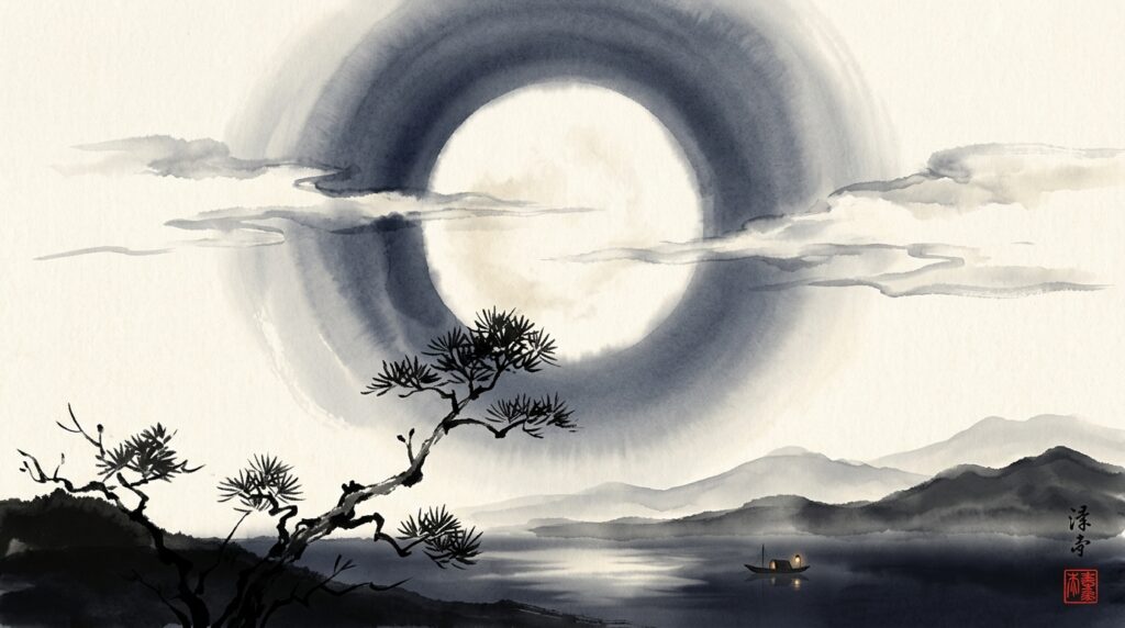 雲がゆっくりと月にかかろうとする静かな水墨の夜景。順調な状況に潜む変化の気配を象徴する風景。