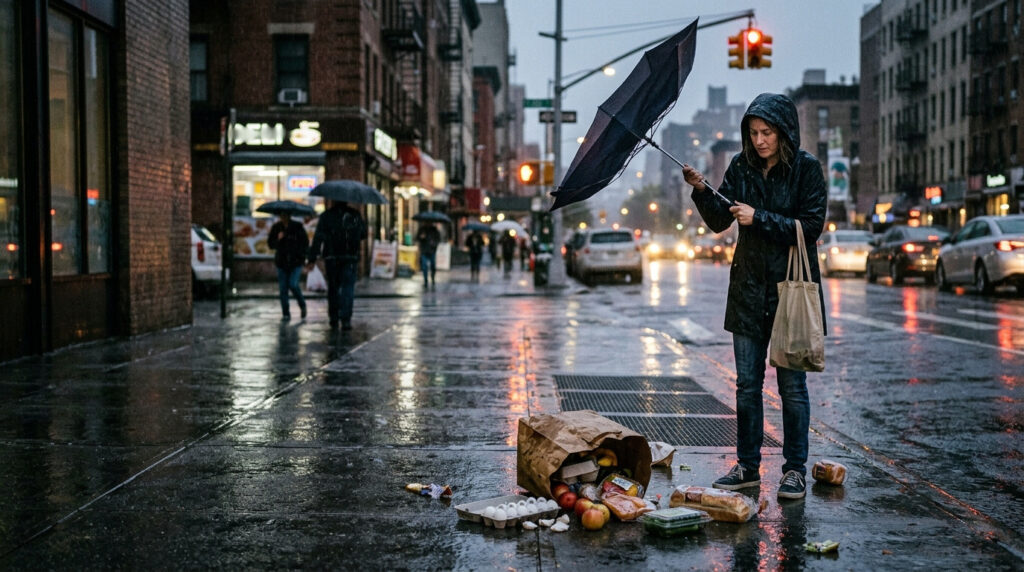 雨の夕方の街角で、破れた紙袋から買い物が地面に散らばり、傘が風で裏返る人物の様子