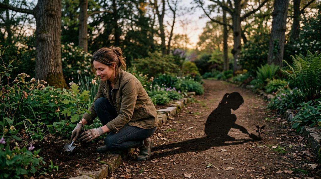 庭で植物を手入れする女性の背後に、幼い頃の自分を思わせる影が重なる象徴的な光景