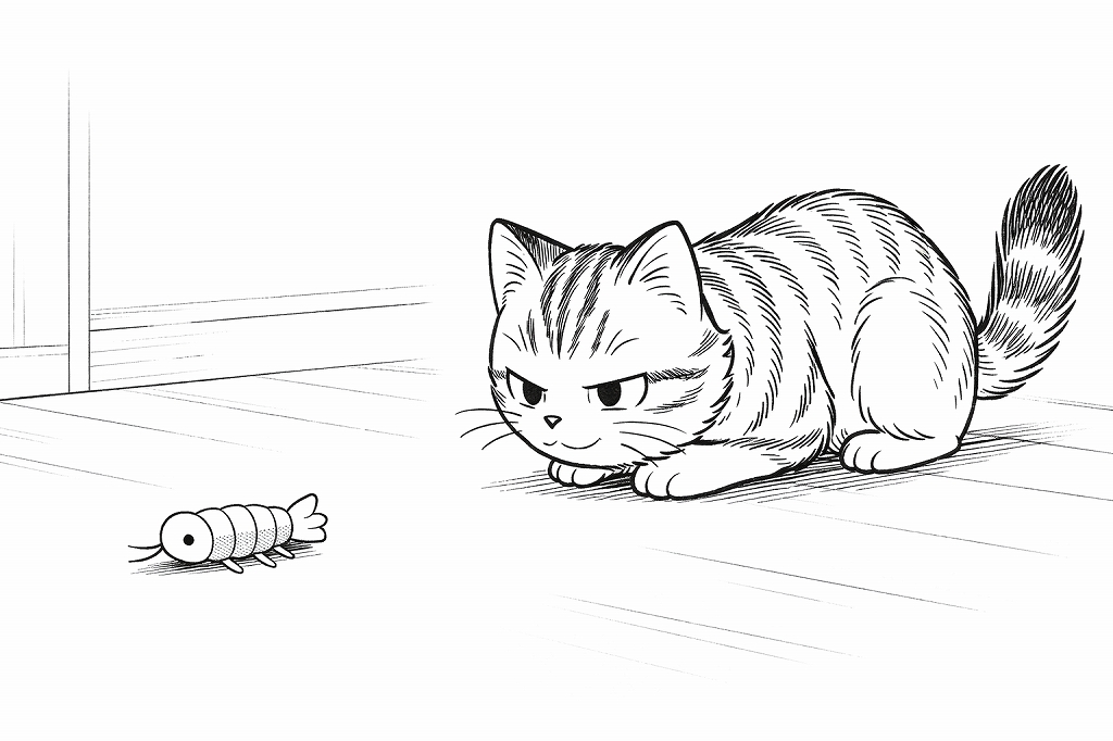 床に置かれたエビのおもちゃを、低く構えてじっと見つめる猫のモノクロ線画。