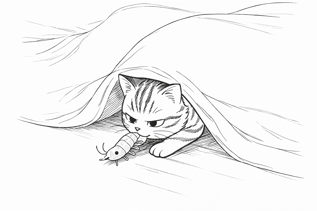 布団の隙間から顔を出し、エビのおもちゃをくわえて隠そうとしている猫のモノクロ線画。
