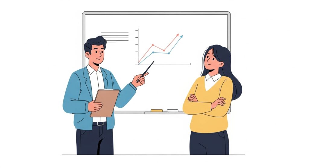 ホワイトボードの前で男性が説明し、女性が腕を組んで少し考えるように聞いている議論のイラスト。相手の意見をいったん受け止める「百歩譲る」のニュアンスを表している。