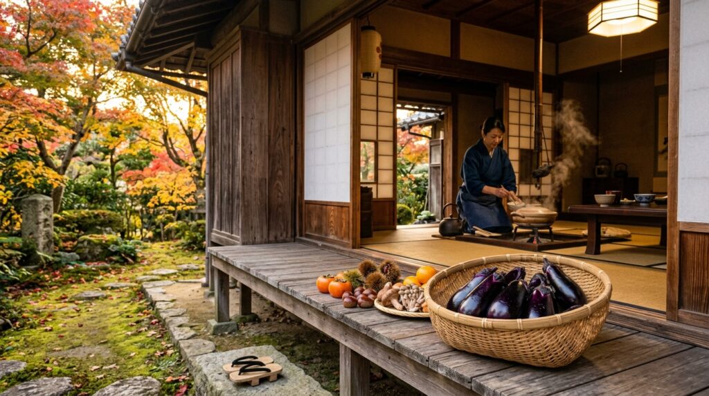 秋の古民家の縁側に竹かごの秋茄子と秋の食材が並び、室内では和食の支度が進む情景