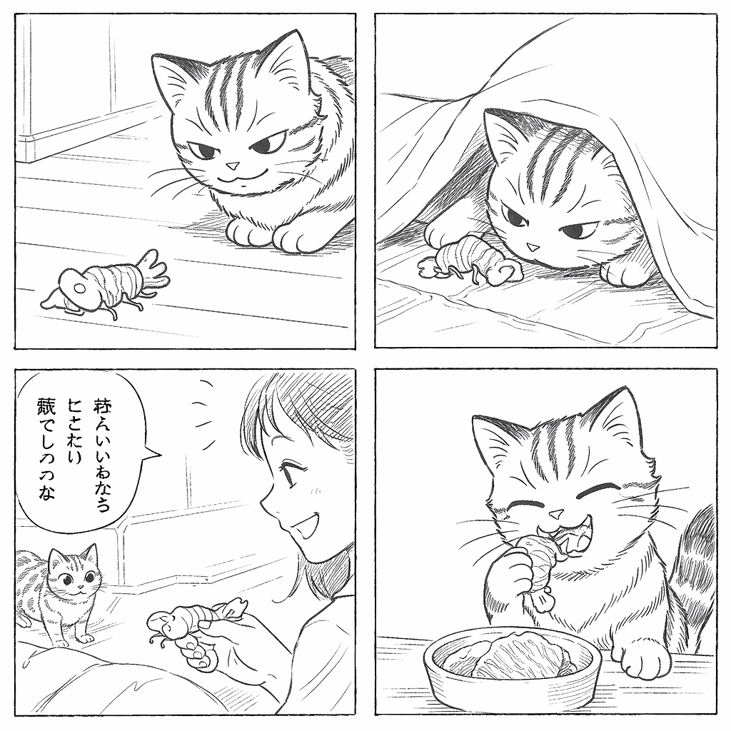 小さなエビのおもちゃを見つけて布団に隠し、翌朝飼い主に見つけられた結果、ごちそうをもらう猫を描いた4コマ漫画。