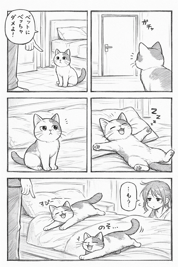 飼い主にベッド禁止と言われた猫が、外出後にベッドの上でくつろぎ、帰宅後も気にせず伸びをする4コマ漫画