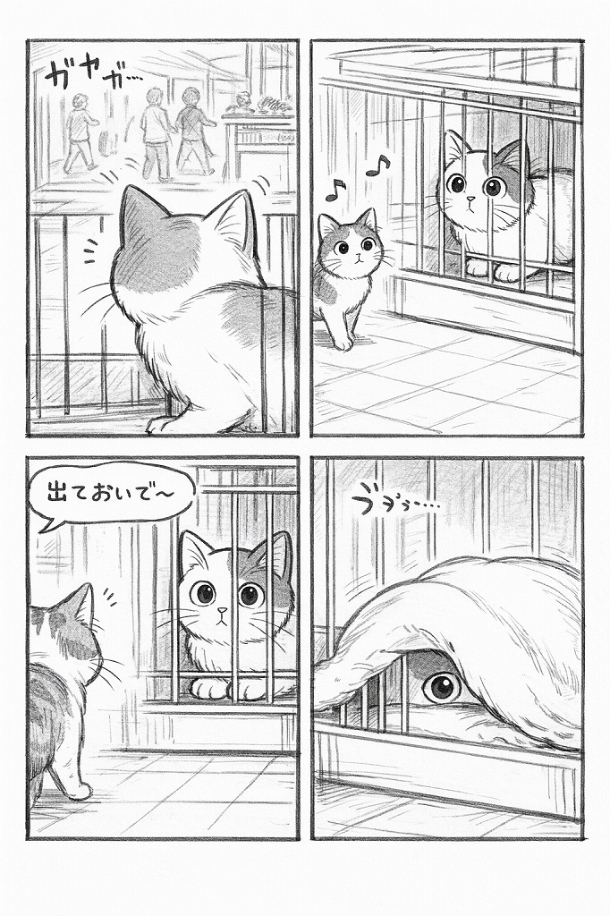 白黒の4コマ漫画。来客でにぎやかになるリビングをケージ越しに警戒する白猫。「出ておいで〜」と声をかけられても、白猫は固まり、最後はブランケットの下から片目だけで外をうかがっている。