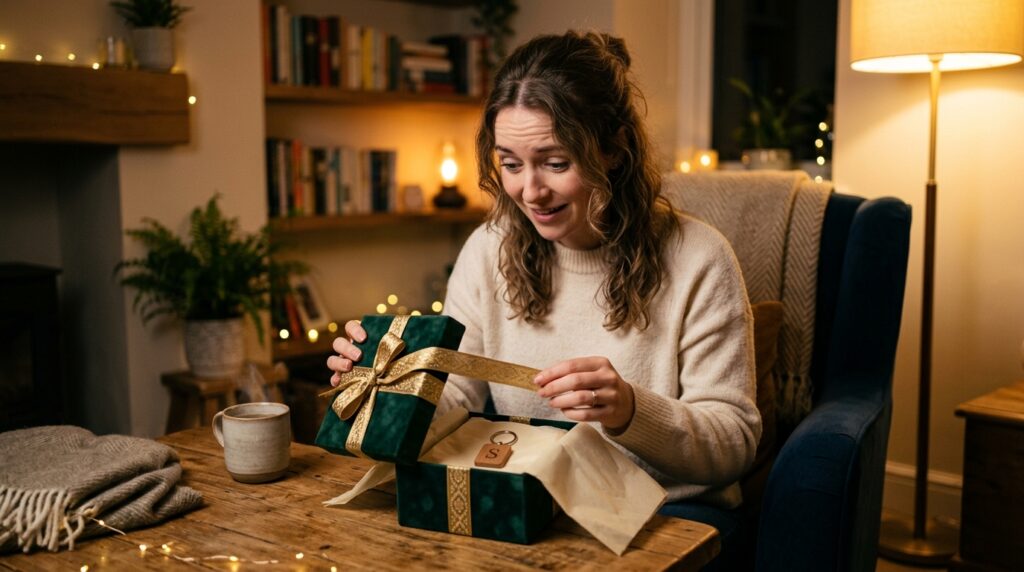 リボン付きのプレゼントを開けて中身を見たときに、見た目との違いに少し驚く女性の様子