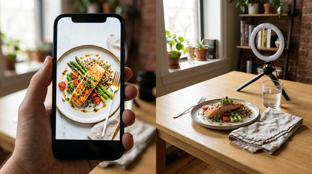 スマートフォンで美しく撮影された料理と、実際のシンプルな食卓との違いを比較した構図