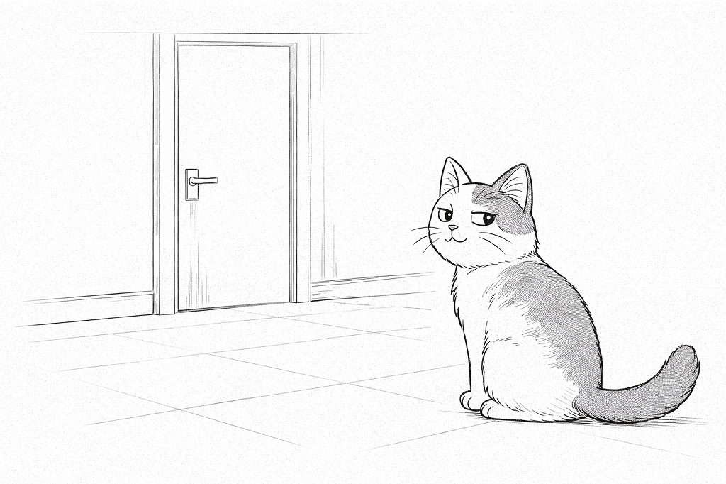 玄関のドアを見つめながら、誰もいないことを確認している猫の様子