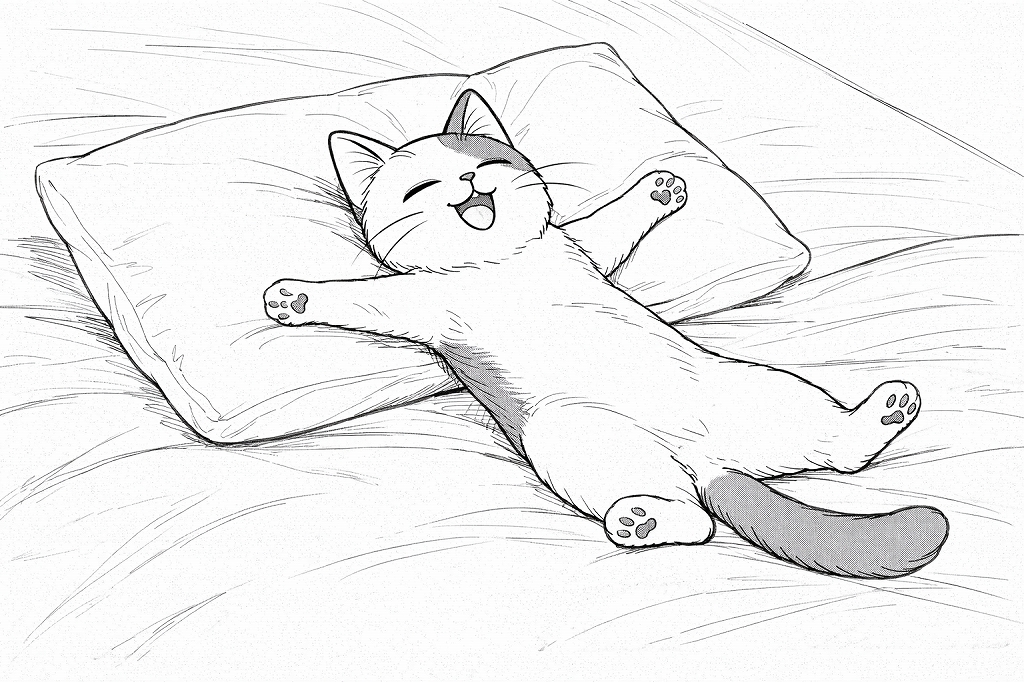 ベッドの枕の上で大の字になり、満足そうにくつろぐ猫の様子