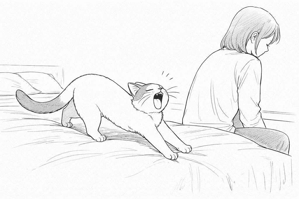 ベッドの上で大きく伸びをしながらあくびをする猫と、横に座る飼い主の後ろ姿