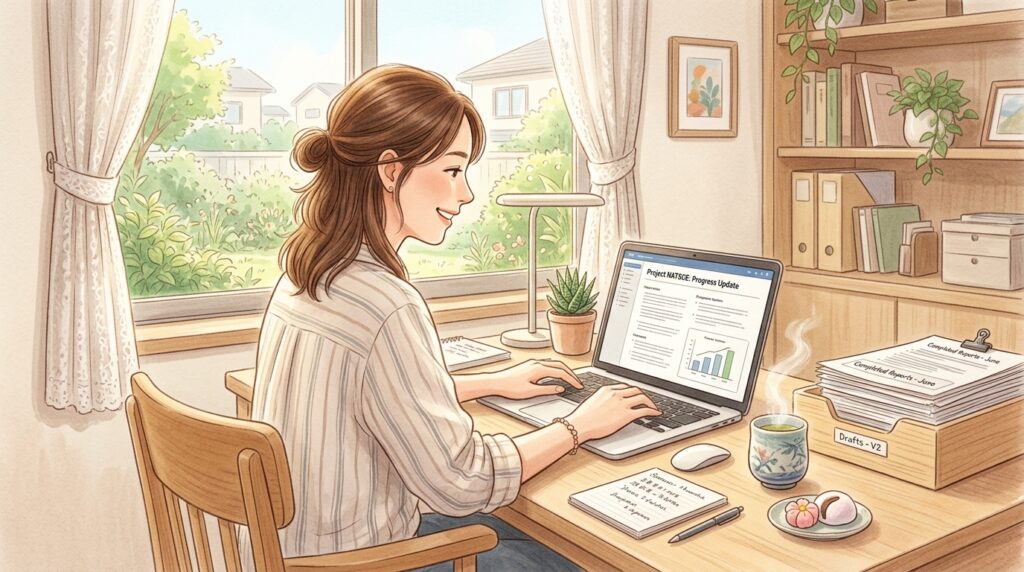 窓辺の明るいデスクで女性がノートパソコン作業をスムーズに進め、お茶と和菓子が添えられている様子