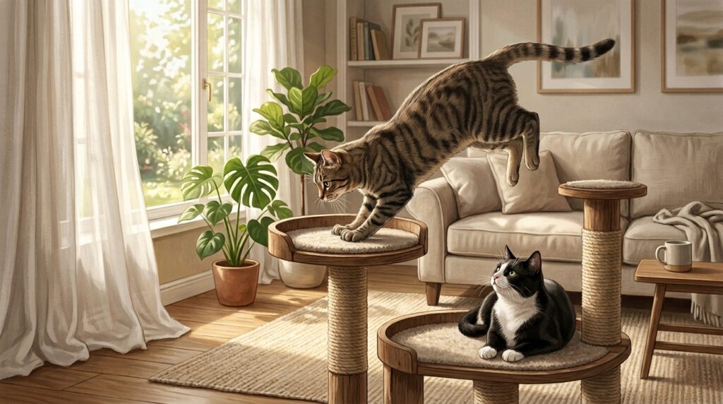 リビングのキャットタワーで猫が軽やかに上段へ飛び移り、もう1匹の猫が見上げている様子