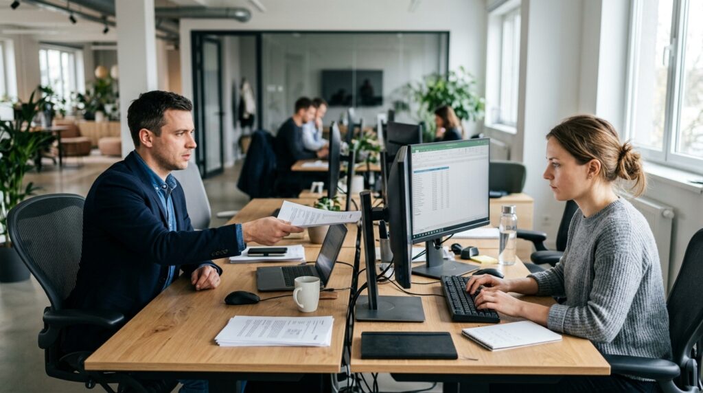 オフィスで書類を差し出す人物と、パソコン作業を続けながら視線を向けない相手の様子