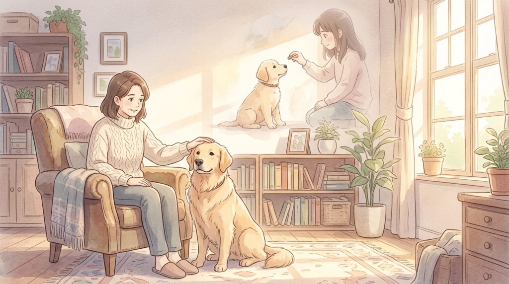 リビングで大人の犬をやさしく撫でる女性と、その背景に淡く重なる子犬時代のしつけの記憶を描いたイラスト