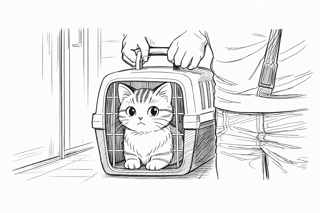 キャリーケースの中で少し緊張した表情を見せながら静かに座る猫のモノクロイラスト