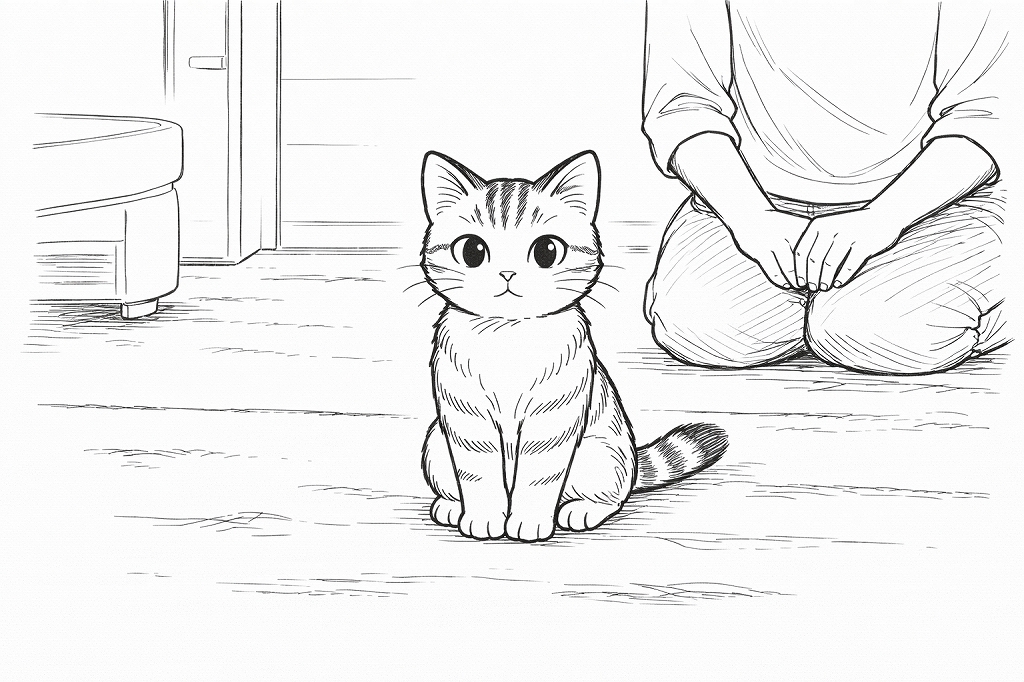 慣れない家で背筋を伸ばしてちょこんと座り、おとなしくしている猫を描いたモノクロイラスト