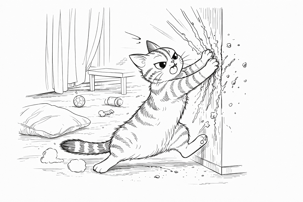 自宅のリビングで壁に飛びつき、勢いよく爪とぎをするやんちゃな猫のモノクロイラスト