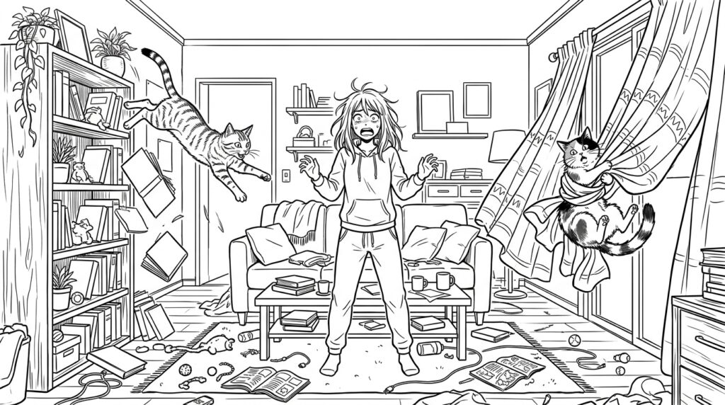 リビングで複数の猫が同時に暴れ、本棚から本が落ち、カーテンに絡まる猫もいる中、中央で飼い主が驚いて立ち尽くしている様子