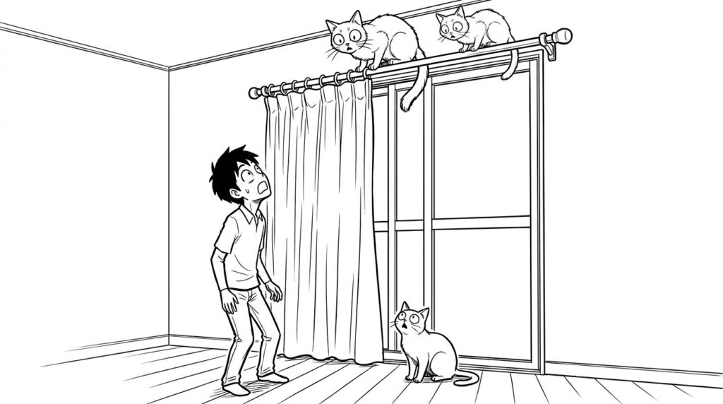 カーテンレールの上に猫が乗り、下で飼い主と別の猫が驚いて見上げている様子