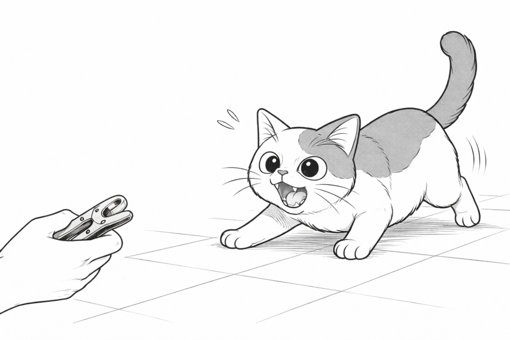 爪切りを見た猫の場面の生成画像。怒りより驚きや焦りが強く見える修正前のイラスト