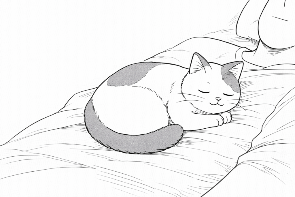 猫がお腹の上で眠る場面の生成画像。人物の身体が平面的でベッドのように見える修正前のイラスト