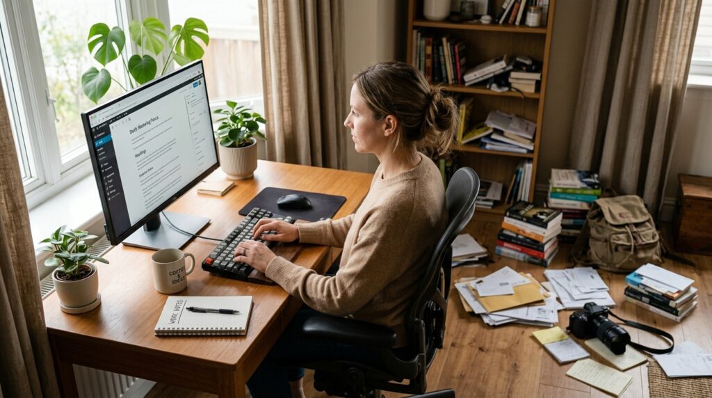 整った執筆デスクでパソコンに向かって作業する人物と、部屋の隅に積み上がった本や書類、未処理の郵便物が見える室内の実写風イラスト
