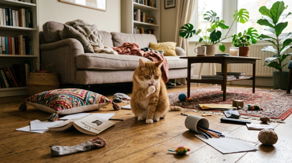 散らかったリビングの中央で、周囲を気にせず毛づくろいをする茶白の猫が座っている実写風イラスト