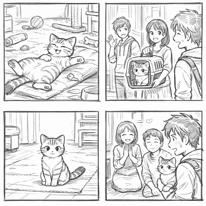 自宅ではのびのびと寝転ぶ猫が、よその家では背筋を伸ばしておとなしく座る様子を4コマで描いた絵コンテ風ラフ