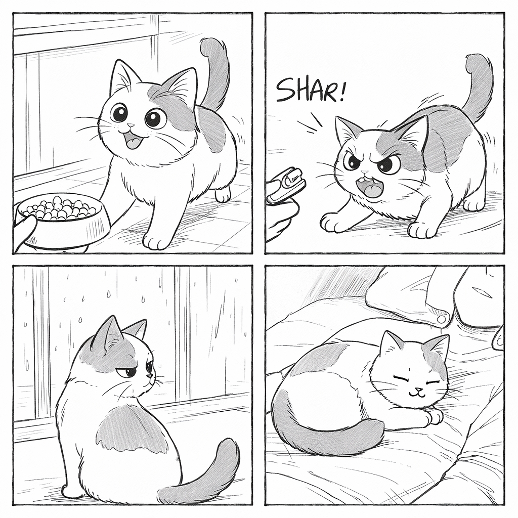 ごはんに喜ぶ、爪切りに怒る、雨の日にもの思いにふける、飼い主のそばで安心して眠る猫を描いた4コマ漫画