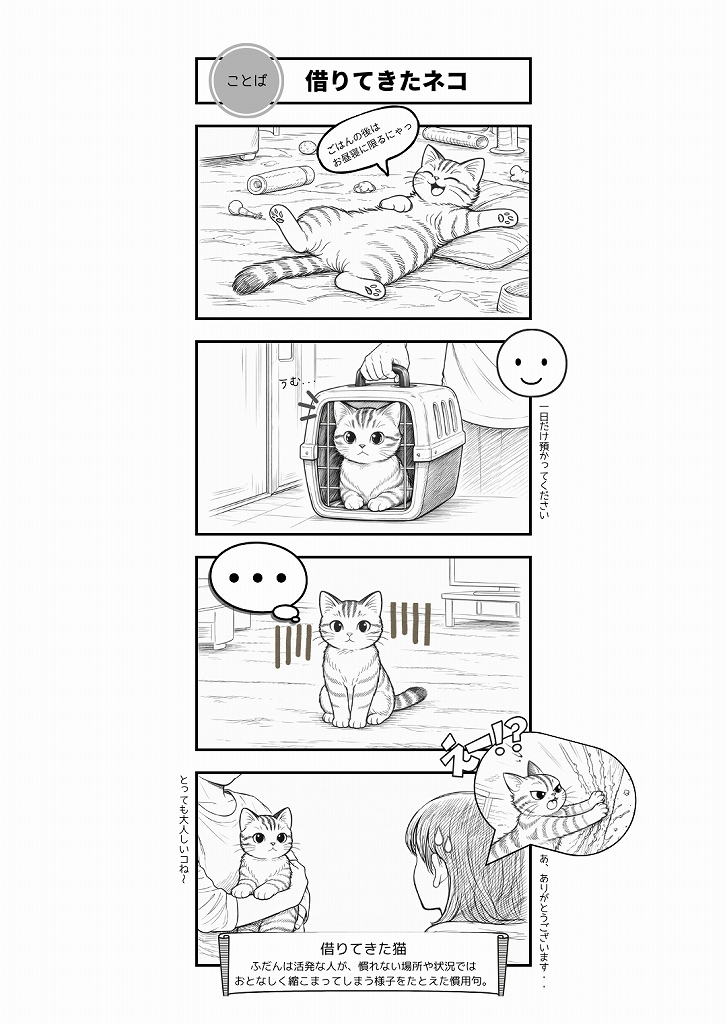 AI4コマ漫画｜『借りてきたネコ』（慣用句 × はーちゃん）
慣用句「借りてきた猫」をテーマに、猫と暮らす方なら思わず共感してしまうAI4コマ漫画です。