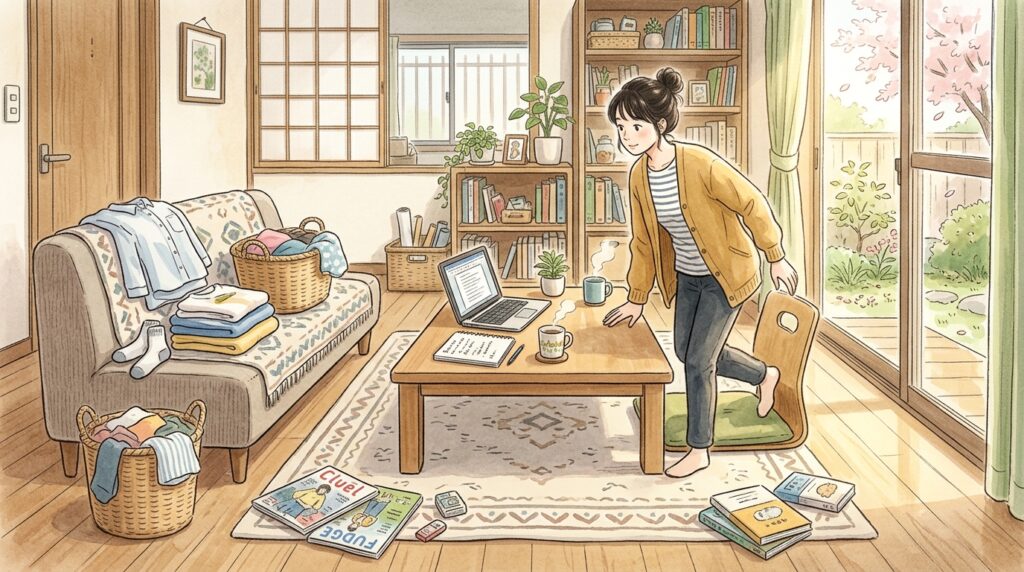 洗濯物や作業途中の机があるリビングで、次の用事へ向かおうとしている女性のイラスト。