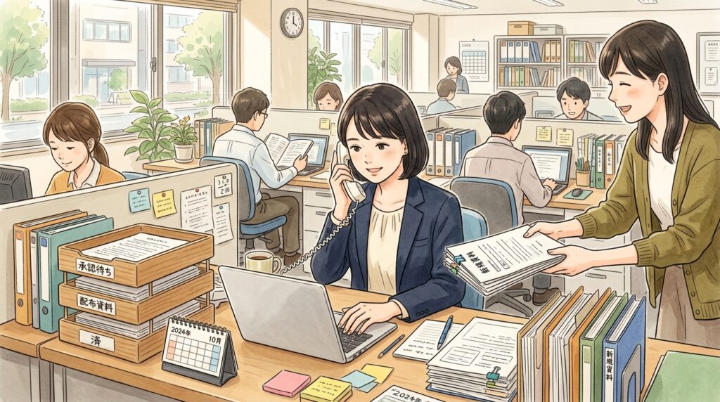 電話をしながらパソコン入力を行う女性社員と、追加の書類を渡す同僚が描かれたオフィスのイラスト。