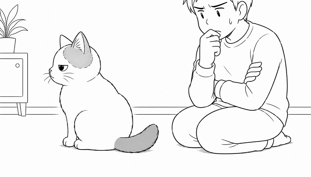 白猫がそっぽを向いて座り込み、後ろでは飼い主が腕組みをしながら真剣に悩んでいる白黒イラスト。ごはん選びを任され、「責任重大だ…」と考え込んでいる場面。
