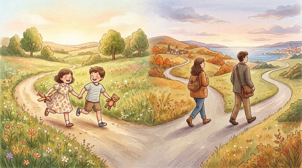 ことわざ「兄弟は他人の始まり」
子どもの兄弟が手をつないで歩いている様子と、大人になって別々の道を進む姿を対比したイラスト