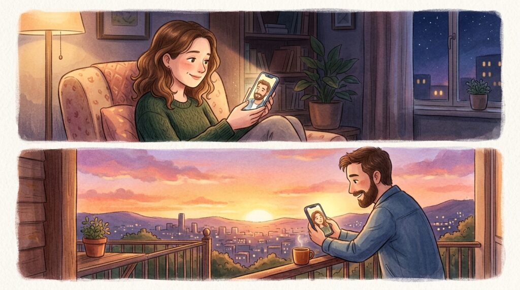 ことわざ「兄弟は他人の始まり」
離れた場所にいる男女がスマートフォン越しにやり取りし、穏やかな表情を見せている様子のイラスト