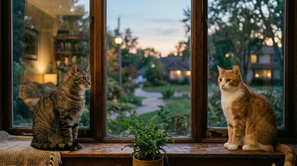 窓辺に距離を空けて座り、同じ外の景色を見つめる2匹の猫